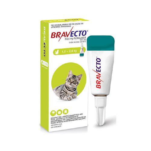 Packaging of Bravecto Tick & Flea Spot on for Cats, showing the product and its box with a green and white color scheme, featuring an image of a cat on the front.