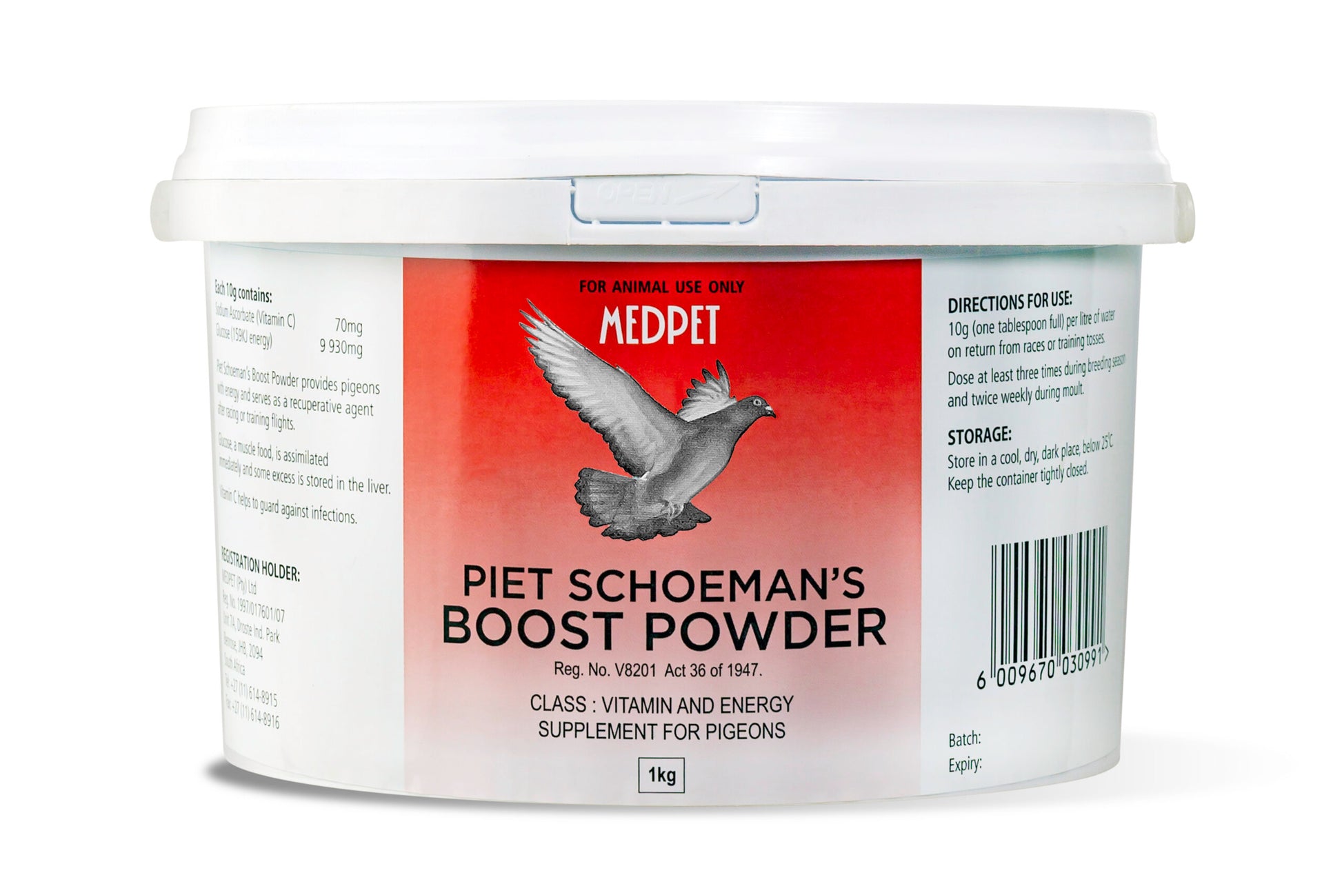 White plastic tub of Piet Schoeman's Boost Powder, with a red and white label, and an image of a pigeon on the front.